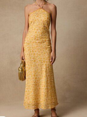 Yellow Floral Halter Midi Dress Romantic Summer Wedding Guest Dress Halter Dress